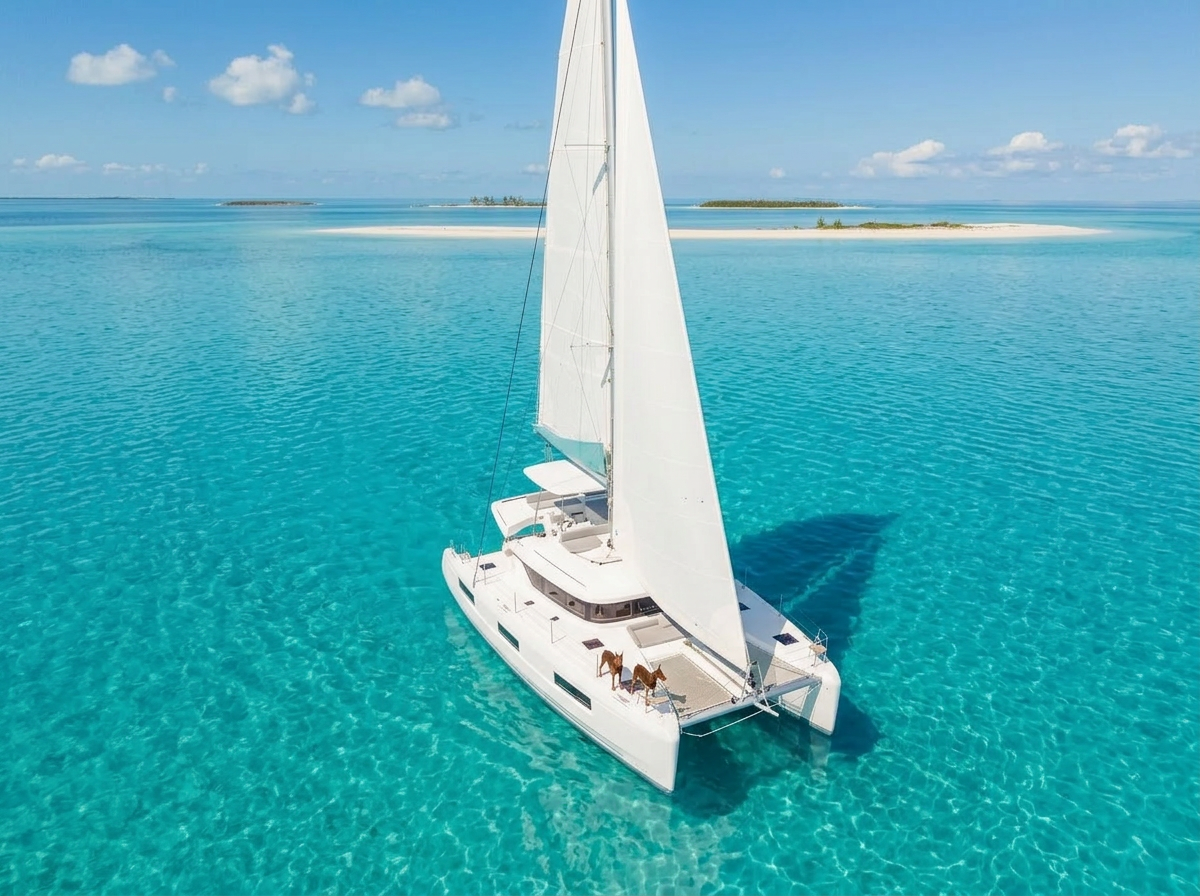 Aerial drone view of a Lagoon 46 catamaran on turquoise water with two red Dobermans on the bow